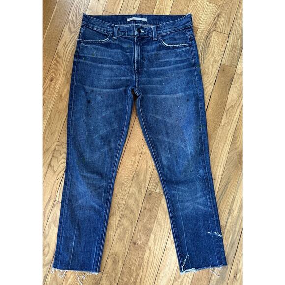 womens VINCE dark denim paint splatter raw hem jeans sz 29 *A5 - Picture 1 of 6